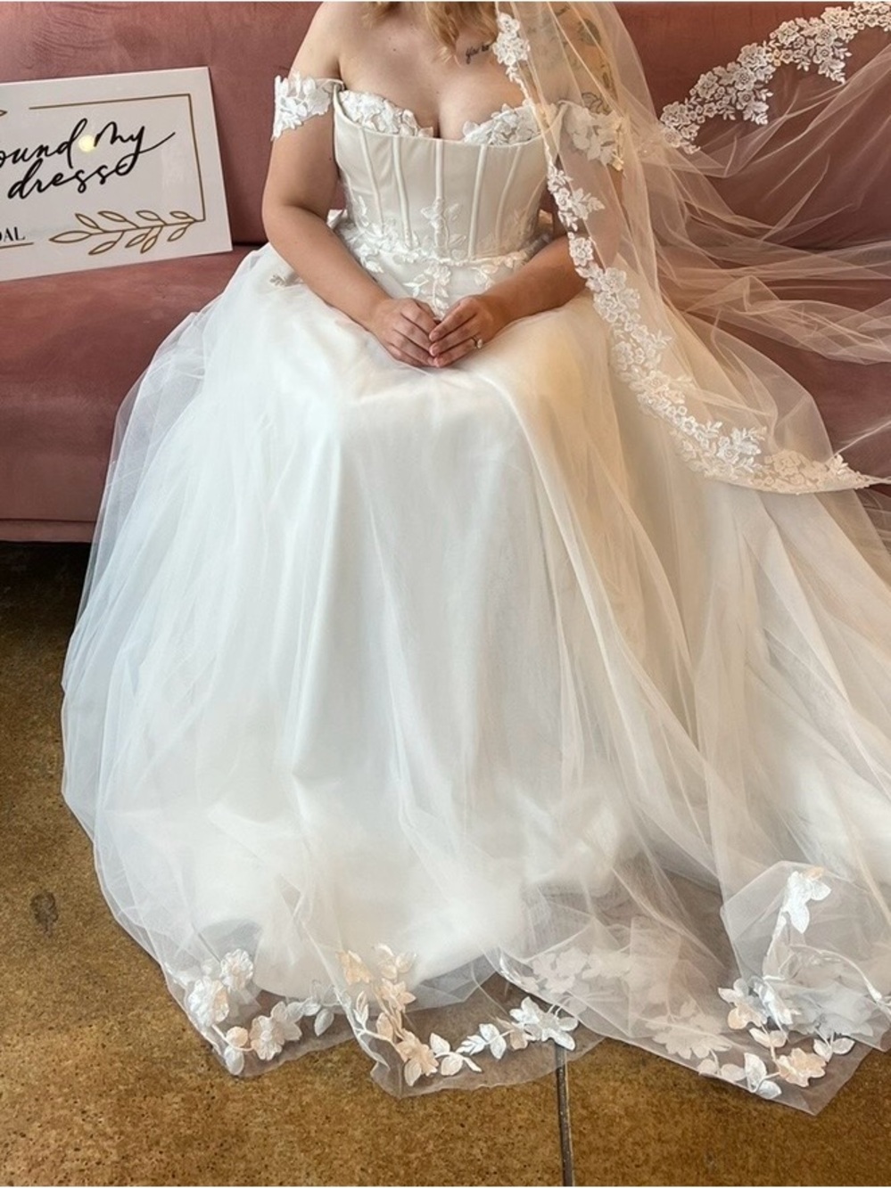 Off-Shoulder White Lace Appliqué Wedding Dress (Never Worn)